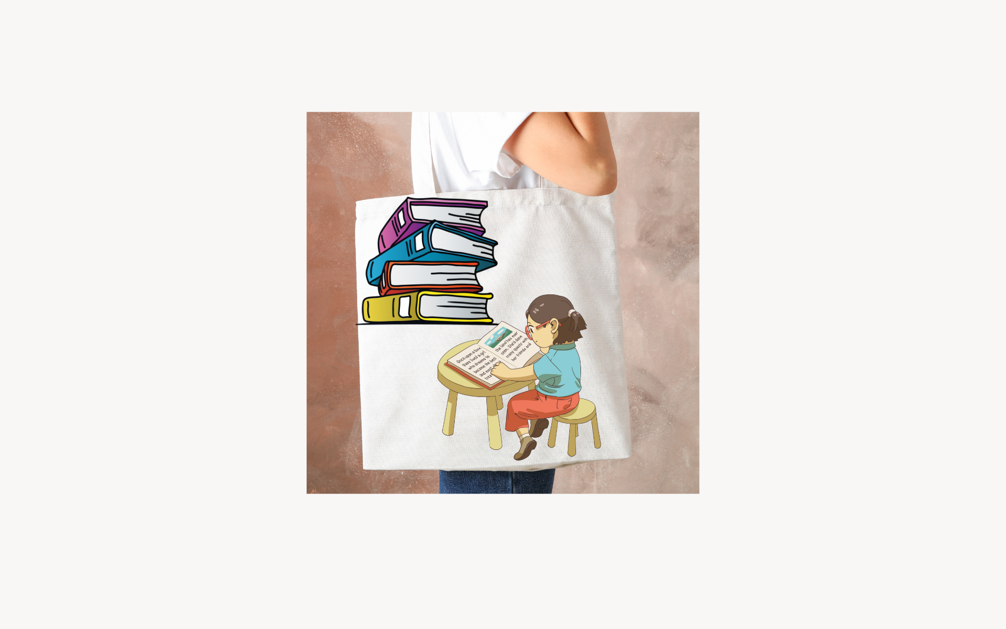 Tote Bag with studying girl and plenty of books