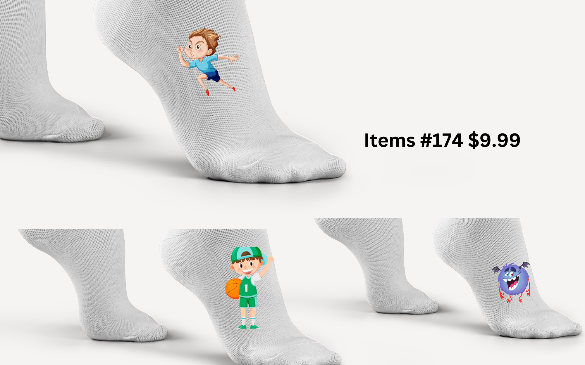 three in a pack custom socks with cool boy and monster designs 