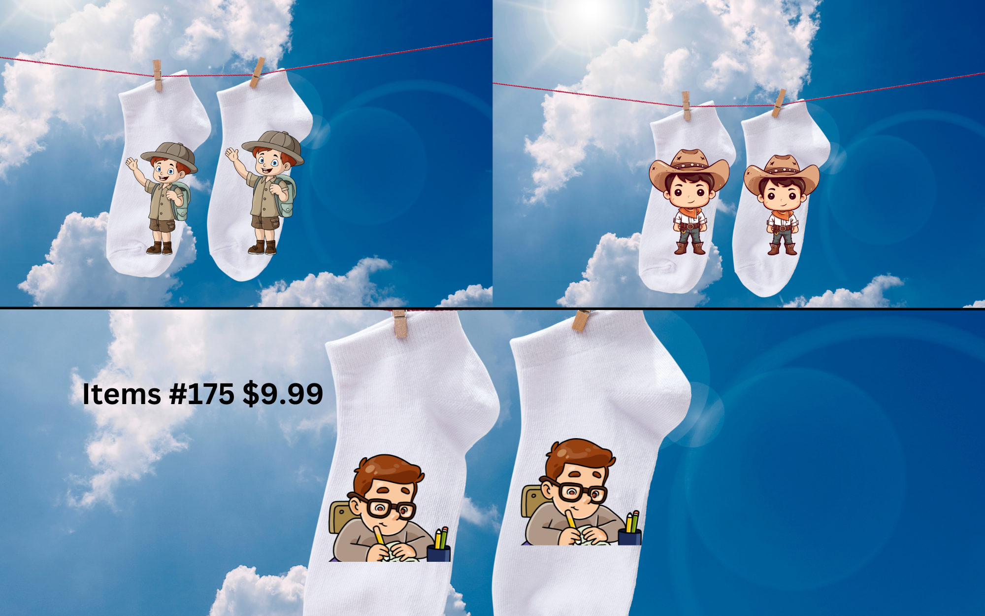 pack of three custom boy socks with designs