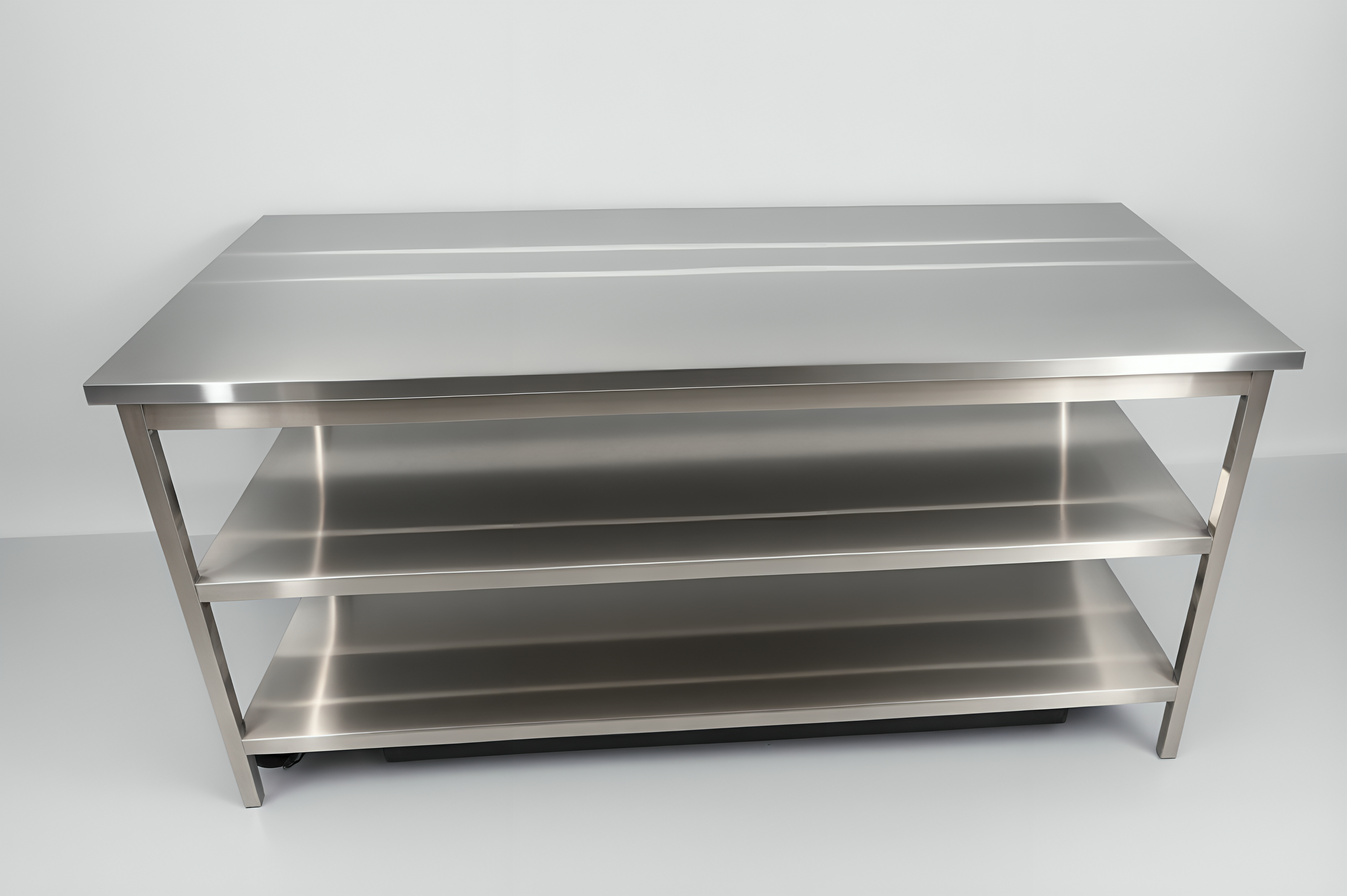 Nerūdijančio plieno stalas su dvejomis lentynomis