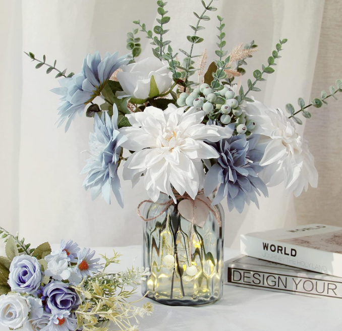 Artificial Flowers in Vase, Faux Flowers with Vase, Silk Dusty Blue Rose Flower Arrangements with Copper Lights for Home Decor Indoor, Table Centerpiece Decor, Dining Room, Farmhouse