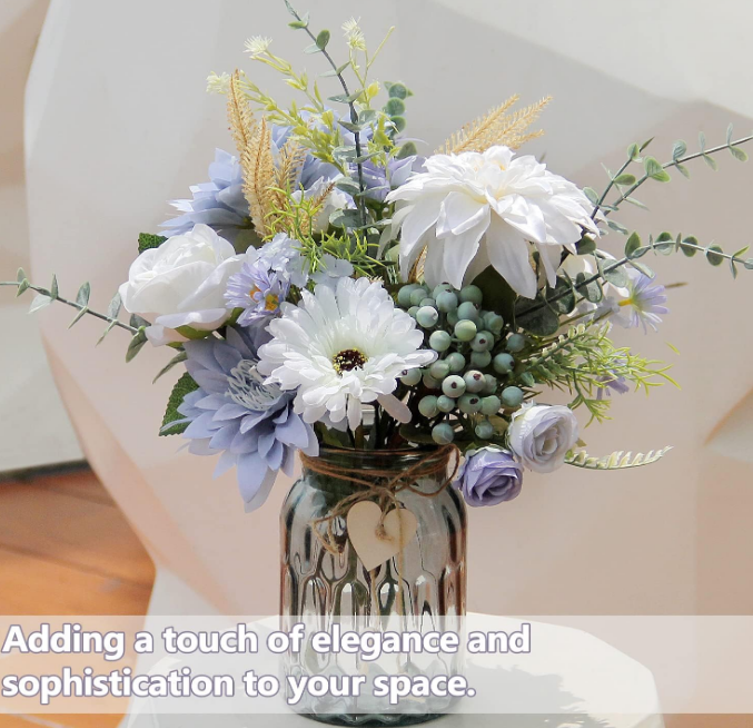 Artificial Flowers in Vase, Faux Flowers with Vase, Silk Dusty Blue Rose Flower Arrangements with Copper Lights for Home Decor Indoor, Table Centerpiece Decor, Dining Room, Farmhouse