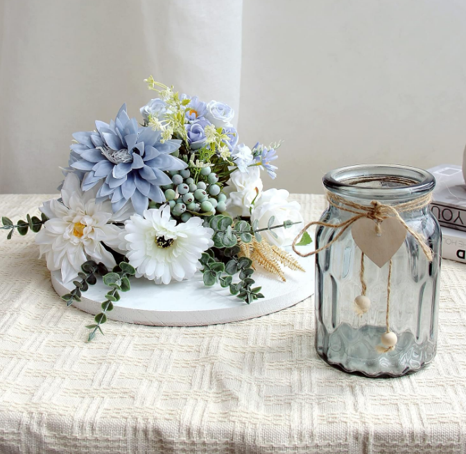 Artificial Flowers in Vase, Faux Flowers with Vase, Silk Dusty Blue Rose Flower Arrangements with Copper Lights for Home Decor Indoor, Table Centerpiece Decor, Dining Room, Farmhouse