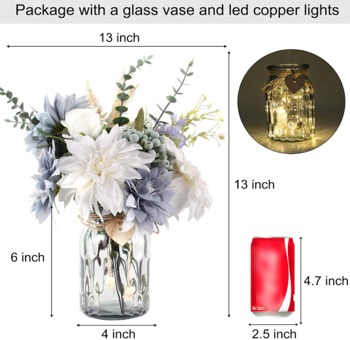 Artificial Flowers in Vase, Faux Flowers with Vase, Silk Dusty Blue Rose Flower Arrangements with Copper Lights for Home Decor Indoor, Table Centerpiece Decor, Dining Room, Farmhouse