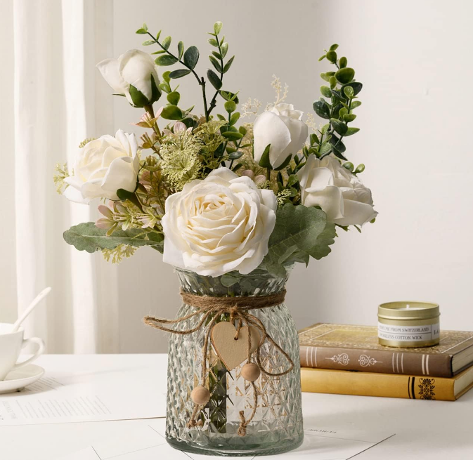 Fake Flowers with Vase, Silk Roses Artificial Flowers in Vase, Faux Flower Arrangement with Vase Suitable for Home Office Decoration, Dining Table Centerpiece(White)