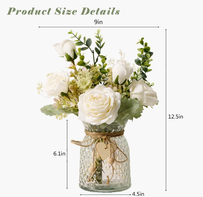 Fake Flowers with Vase, Silk Roses Artificial Flowers in Vase, Faux Flower Arrangement with Vase Suitable for Home Office Decoration, Dining Table Centerpiece(White)