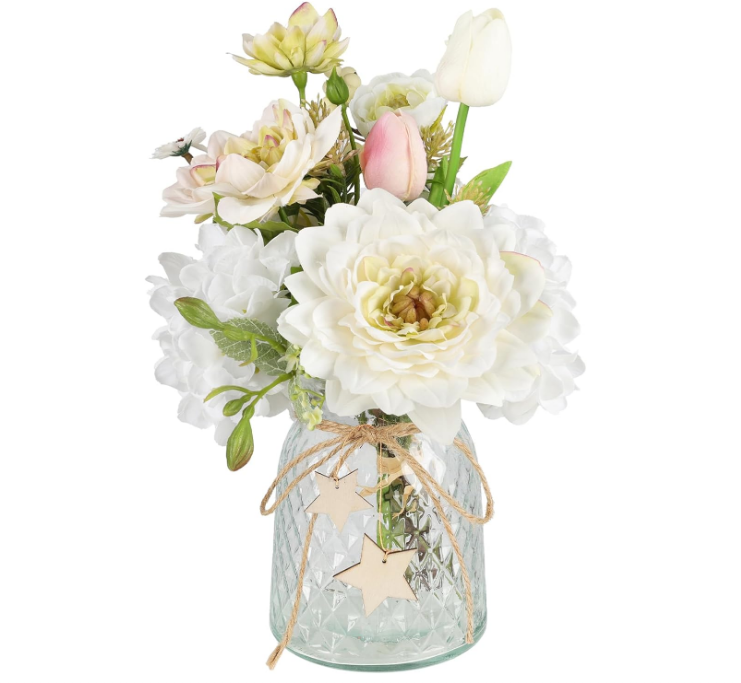 Artificial Flowers with Vase - Fake Flowers in Vase for Home Decor with Hydrangea Dahlia, Artificial Vase Arrangement for Table Centerpiece Wedding Coffee Table Bathroom Office Decor