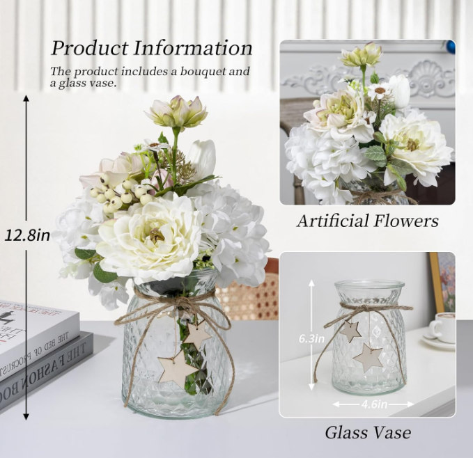 Artificial Flowers with Vase - Fake Flowers in Vase for Home Decor with Hydrangea Dahlia, Artificial Vase Arrangement for Table Centerpiece Wedding Coffee Table Bathroom Office Decor