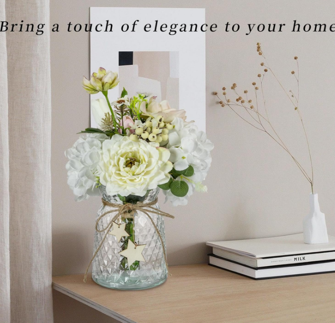 Artificial Flowers with Vase - Fake Flowers in Vase for Home Decor with Hydrangea Dahlia, Artificial Vase Arrangement for Table Centerpiece Wedding Coffee Table Bathroom Office Decor