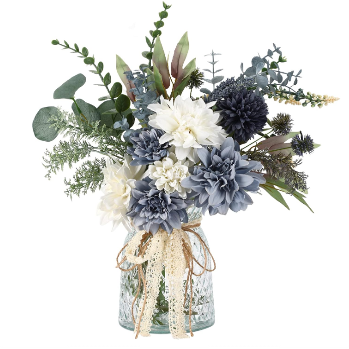 Fake Flowers in Vase, Artificial Flowers Arrangement in Vase, Fake Floral Table Centerpieces Decor for Kitchen Farmhouse Coffee Table Living Room Bathroom Plant Decor