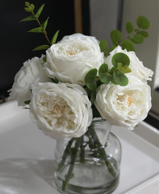 Artificial Flowers with White Roses in Vase, Fix Lifelike Fake Flowers in Vase with Artificial Water, Faux Flower Arrangements for Dining Table Centerpiece Decor