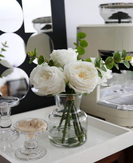 Artificial Flowers with White Roses in Vase, Fix Lifelike Fake Flowers in Vase with Artificial Water, Faux Flower Arrangements for Dining Table Centerpiece Decor