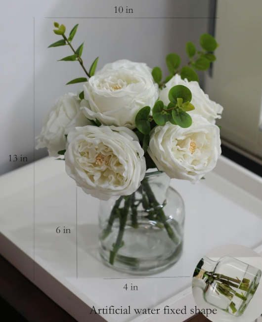 Artificial Flowers with White Roses in Vase, Fix Lifelike Fake Flowers in Vase with Artificial Water, Faux Flower Arrangements for Dining Table Centerpiece Decor
