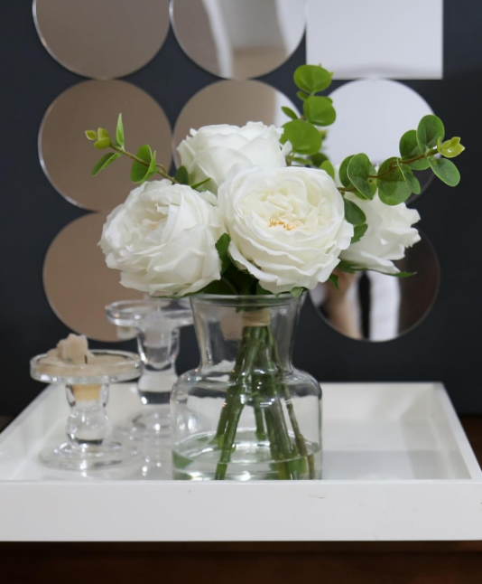 Artificial Flowers with White Roses in Vase, Fix Lifelike Fake Flowers in Vase with Artificial Water, Faux Flower Arrangements for Dining Table Centerpiece Decor