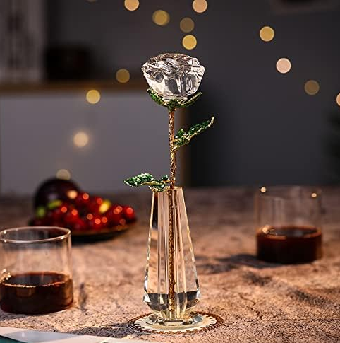 Glass Rose, K9 Crystal Gifts for Women, Forever Flower Eternal Rose with Green Leaves Crystal Vase Figurines, Christmas Day Wedding Birthday Romantic Gifts for Her, White Rose