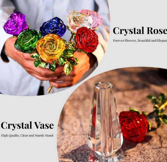 Glass Rose, K9 Crystal Gifts for Women, Forever Flower Eternal Rose with Green Leaves Crystal Vase Figurines, Christmas Day Wedding Birthday Romantic Gifts for Her, White Rose