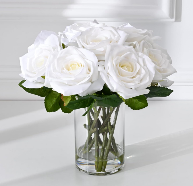 Luxury PU Fake Flowers in Vase with Faux Water, White Real Touch Roses Artificial Flowers with Glass Vase for Office Home Dining Room Centerpiece Table Decorations