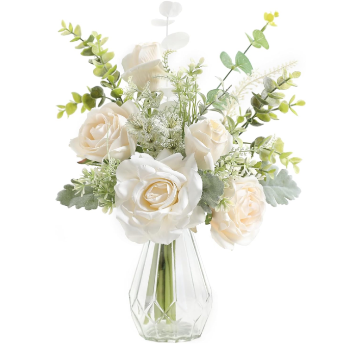 Artificial Flowers with Vase,White Silk Roses and Fake Plant Eucalyptus in Vase,Faux Flower Arrangement with Vase Suitable for Home Office Decoration, Living Room and Dining Table Centerpiece