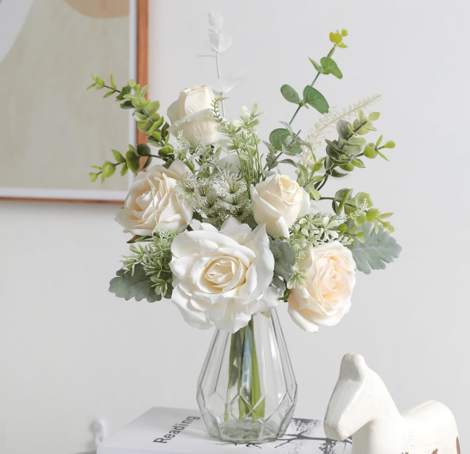 Artificial Flowers with Vase,White Silk Roses and Fake Plant Eucalyptus in Vase,Faux Flower Arrangement with Vase Suitable for Home Office Decoration, Living Room and Dining Table Centerpiece