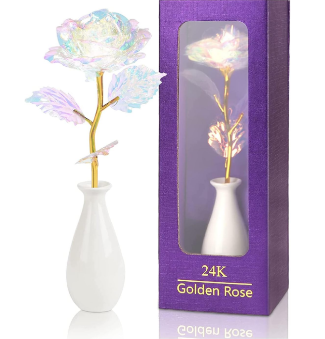 Rainbow Artificial Rose Flower Gifts for Mom with Gold Foil Stem&Ceramic Vase for Mother‘s Day for Her, Girlfriend, Rose Gifts for Women, Wife , Unique Gifts for Birthday Anniversary Mother's Day