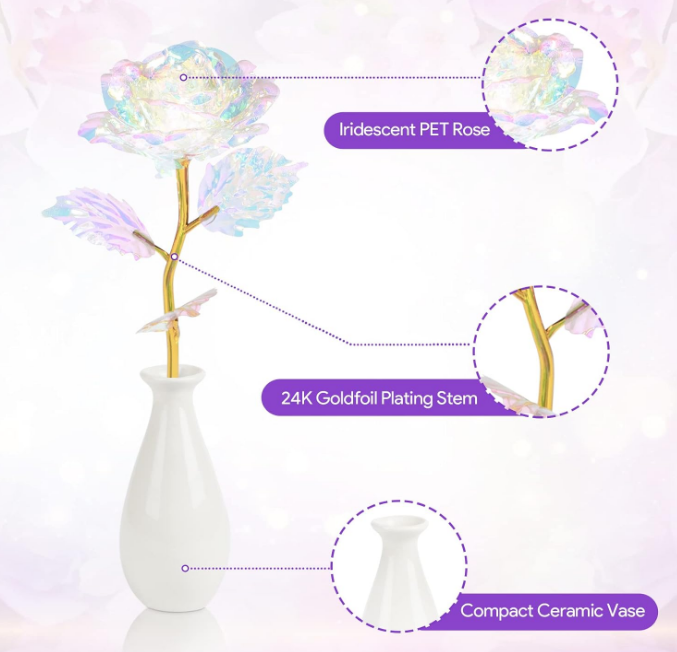 Rainbow Artificial Rose Flower Gifts for Mom with Gold Foil Stem&Ceramic Vase for Mother‘s Day for Her, Girlfriend, Rose Gifts for Women, Wife , Unique Gifts for Birthday Anniversary Mother's Day