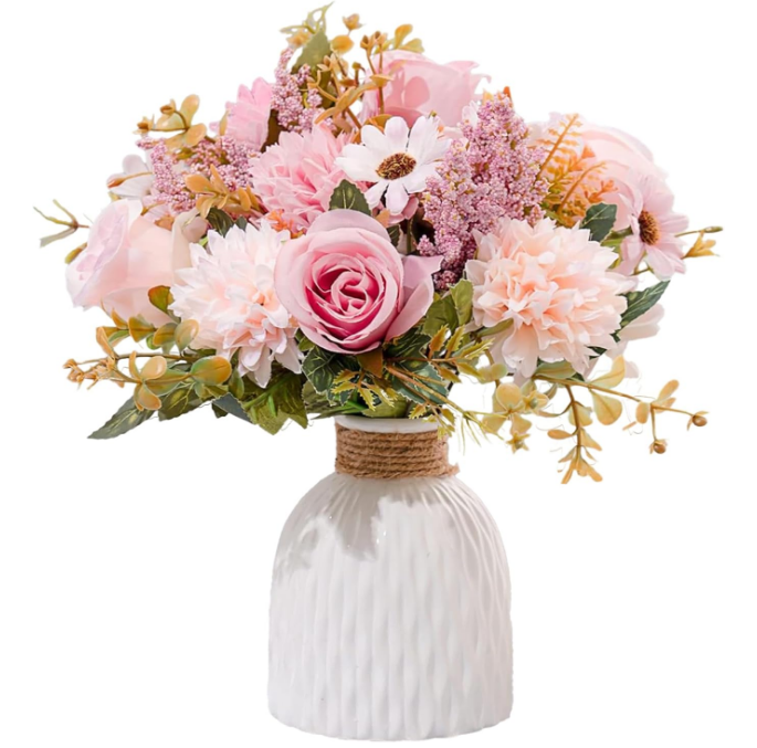 Fake Flowers in Vase, Artificial Pink Flowers in Vase for Decoration Faux FLowers in Vase Realistic Pink Fake FLowers with Vase for Home Decor Indoor Dining Table Centerpiece (Flowers and Vase)