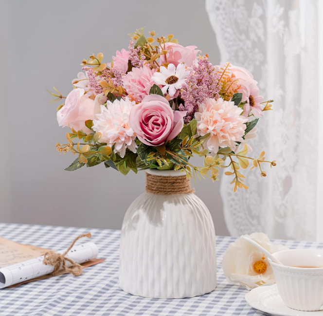 Fake Flowers in Vase, Artificial Pink Flowers in Vase for Decoration Faux FLowers in Vase Realistic Pink Fake FLowers with Vase for Home Decor Indoor Dining Table Centerpiece (Flowers and Vase)