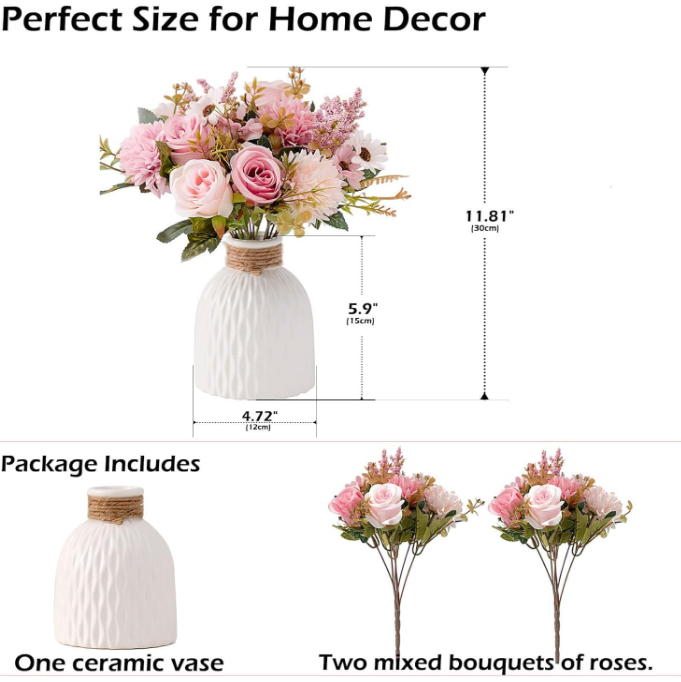 Fake Flowers in Vase, Artificial Pink Flowers in Vase for Decoration Faux FLowers in Vase Realistic Pink Fake FLowers with Vase for Home Decor Indoor Dining Table Centerpiece (Flowers and Vase)