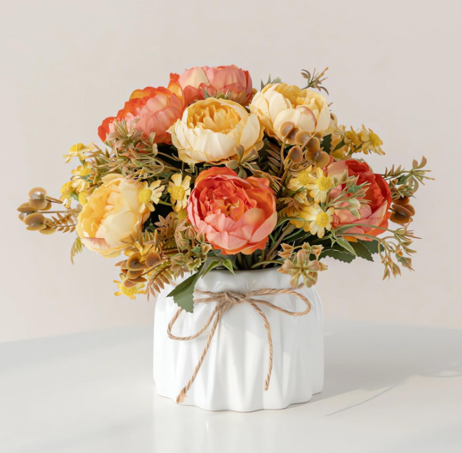Faux Flowers with Vase,Artificial Silk Flowers in Ceramic Vase,Small Fake Flower Arrangement for Home Office Kitchen Bathroom Coffee Dining Table Centerpiece Decor (Orange,Chrysanthemum)