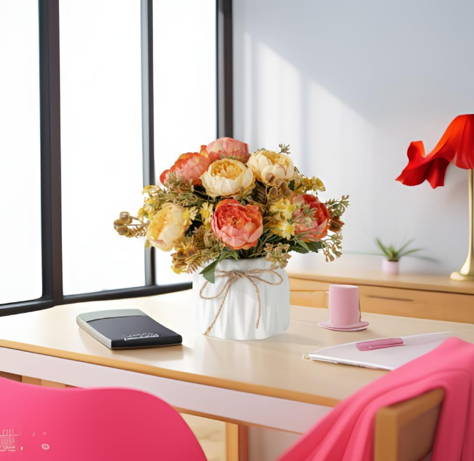 Faux Flowers with Vase,Artificial Silk Flowers in Ceramic Vase,Small Fake Flower Arrangement for Home Office Kitchen Bathroom Coffee Dining Table Centerpiece Decor (Orange,Chrysanthemum)