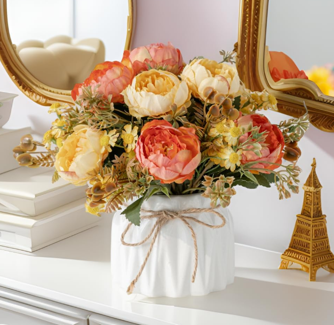 Faux Flowers with Vase,Artificial Silk Flowers in Ceramic Vase,Small Fake Flower Arrangement for Home Office Kitchen Bathroom Coffee Dining Table Centerpiece Decor (Orange,Chrysanthemum)