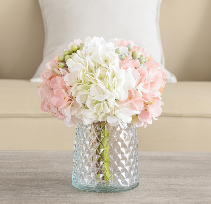 Hydrangeas Floral Arrangement in Glass Vase, Fake Flowers Silk Hydrangea Artificial Flowers with Vase for Home Office Decoration, Dining Table Centerpiece(Pink)