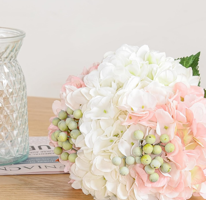 Hydrangeas Floral Arrangement in Glass Vase, Fake Flowers Silk Hydrangea Artificial Flowers with Vase for Home Office Decoration, Dining Table Centerpiece(Pink)