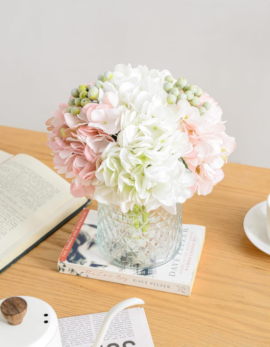 Hydrangeas Floral Arrangement in Glass Vase, Fake Flowers Silk Hydrangea Artificial Flowers with Vase for Home Office Decoration, Dining Table Centerpiece(Pink)