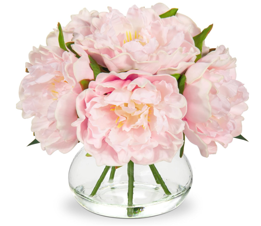 Pink Peonies Artificial Flowers with Vase Faux Flowers Peony Fake Flowers Silk Flower Arrangements in Glass Vase with Faux Water for Home Decor Bathroom Table Centerpiece Shelf Decorations
