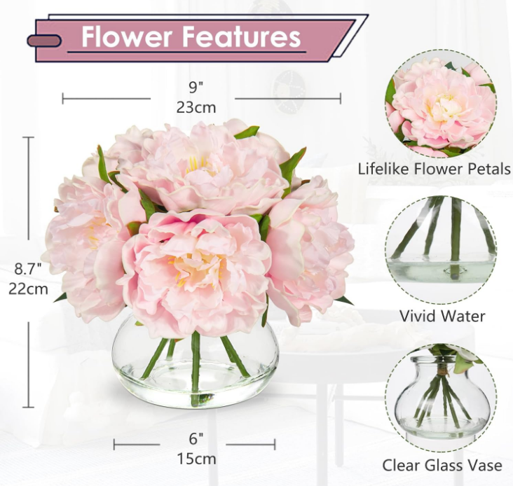 Pink Peonies Artificial Flowers with Vase Faux Flowers Peony Fake Flowers Silk Flower Arrangements in Glass Vase with Faux Water for Home Decor Bathroom Table Centerpiece Shelf Decorations