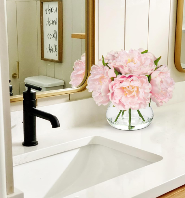 Pink Peonies Artificial Flowers with Vase Faux Flowers Peony Fake Flowers Silk Flower Arrangements in Glass Vase with Faux Water for Home Decor Bathroom Table Centerpiece Shelf Decorations