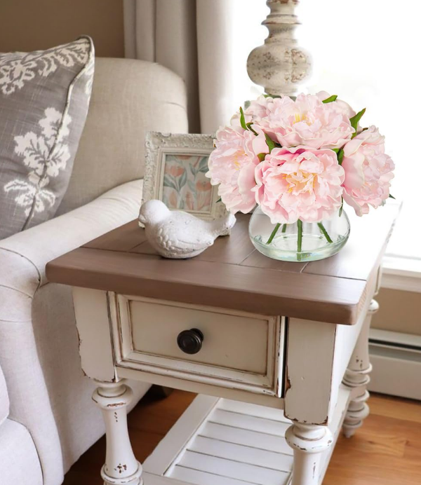 Pink Peonies Artificial Flowers with Vase Faux Flowers Peony Fake Flowers Silk Flower Arrangements in Glass Vase with Faux Water for Home Decor Bathroom Table Centerpiece Shelf Decorations
