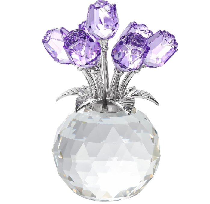 Handmade Crystal Purple Rose Flower Figurine with Round Vase, Rose Gifts for Girlfriend Wife Sister, Romantic Gifts for Mom on Valentine's Day Mother's Day Birthday, Wedding Home Decorations