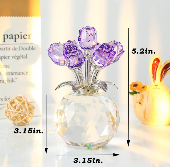 Handmade Crystal Purple Rose Flower Figurine with Round Vase, Rose Gifts for Girlfriend Wife Sister, Romantic Gifts for Mom on Valentine's Day Mother's Day Birthday, Wedding Home Decorations