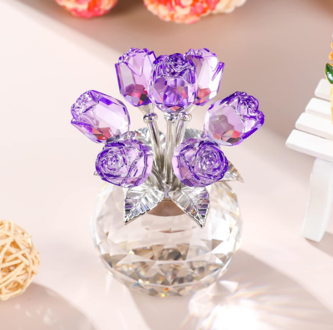 Handmade Crystal Purple Rose Flower Figurine with Round Vase, Rose Gifts for Girlfriend Wife Sister, Romantic Gifts for Mom on Valentine's Day Mother's Day Birthday, Wedding Home Decorations