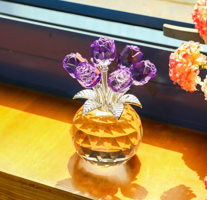 Handmade Crystal Purple Rose Flower Figurine with Round Vase, Rose Gifts for Girlfriend Wife Sister, Romantic Gifts for Mom on Valentine's Day Mother's Day Birthday, Wedding Home Decorations