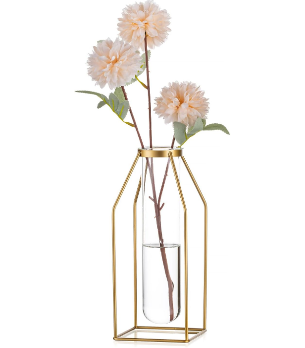 Glass Propagation Station with Metal Frame - Gold Modern Flower Vase Clear Tube Vase for Plants Minimalistic Wire Square Vase for Room Decor Office Wedding Table Decoration