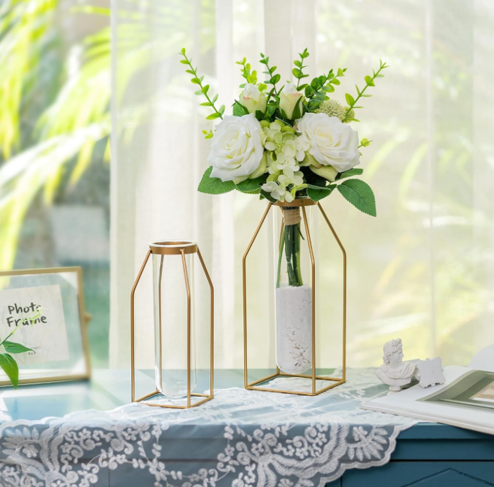 Glass Propagation Station with Metal Frame - Gold Modern Flower Vase Clear Tube Vase for Plants Minimalistic Wire Square Vase for Room Decor Office Wedding Table Decoration