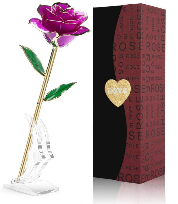 24K Gold Plated Purple Rose,Forever Preserved Artificial Rose Flowers, Eternal Long Stem Purple Rose Flowers with Transparent Stand, Gifts for Girlfriend,Wife,Women, Birthday,Wedding,Christmas