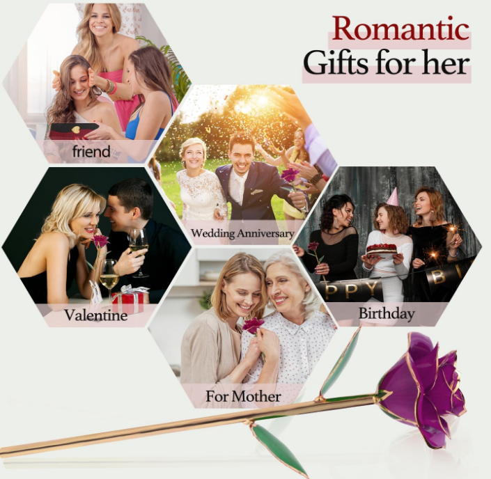 24K Gold Plated Purple Rose,Forever Preserved Artificial Rose Flowers, Eternal Long Stem Purple Rose Flowers with Transparent Stand, Gifts for Girlfriend,Wife,Women, Birthday,Wedding,Christmas