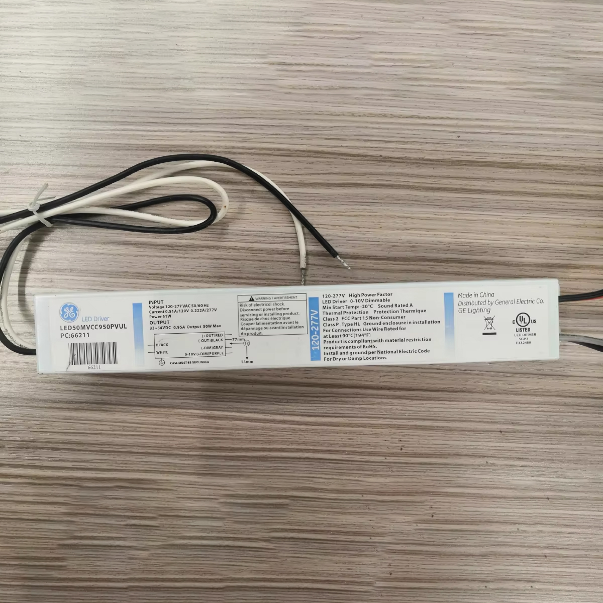 GE UL 120-277V 50W 950mA 0-10V Dimmable LED Driver, 33-54VDC Output High PF LED Driver with USA Standard