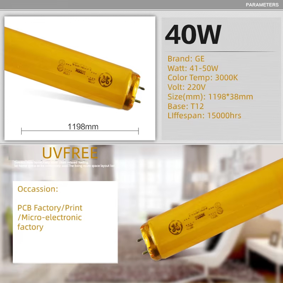 GE 40W Anti-UV Golden Yellow Tube 220V T12 1.2M 3000K Fluorescent Tube for Electronics Factory Printing Circuit Board Factory