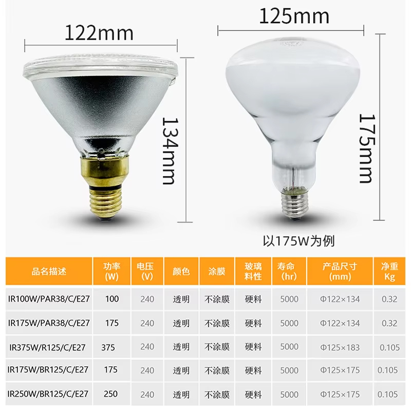 GE Infrared Thickened Heating Lamp Breeding Bulb 100w/175w/250w/375w Pet Brooder Hatch Chicken Pig Animals Infrared Heating Lamp