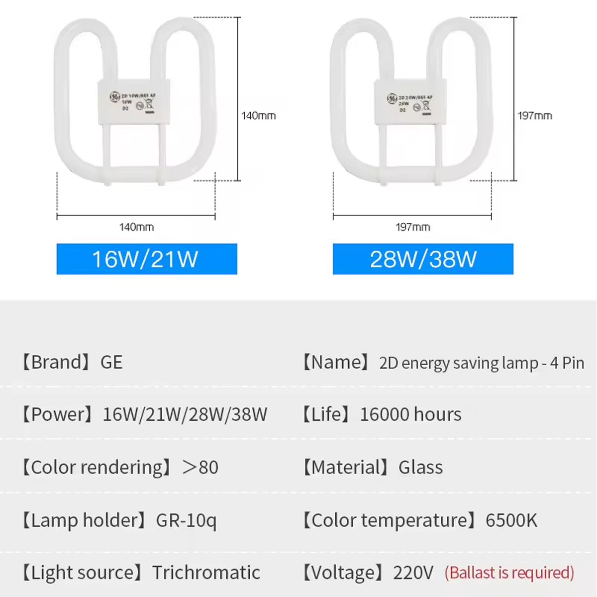 GE 2D U Type Energy Saving Lamp 220V 16W 21W 28W 38W GR10q Cool White 6500K Fluorescent Tube